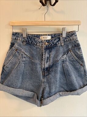 mahina Washed Denim High-Rise Rolled Hem Shorts - Blue